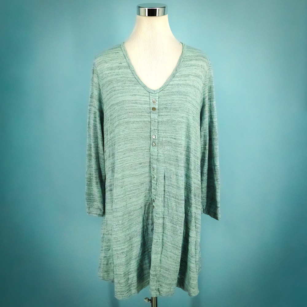 Comfy USA Size Large L Heather Blue V Neck Long Sleeve Faux Button Tunic Top